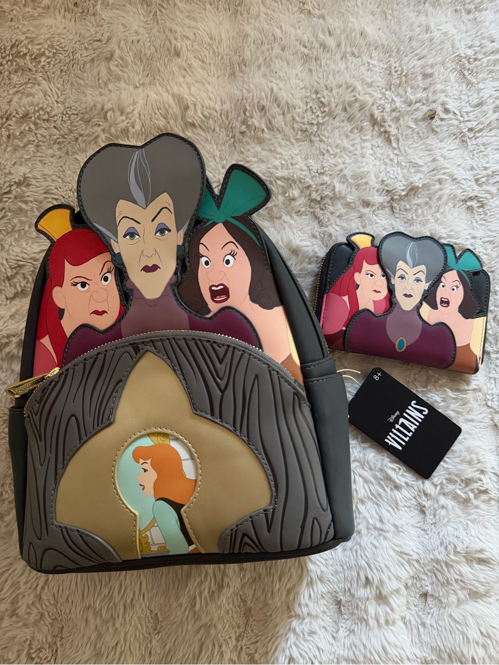 Loungefly Gray and Multi-Color Disney Villains Backpack with Matching Wallet